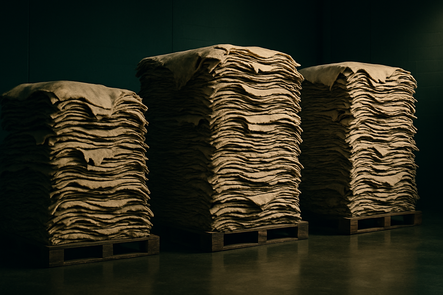 Stacked raw cow hides in a clean export warehouse with cinematic lighting and dark green and gold tones