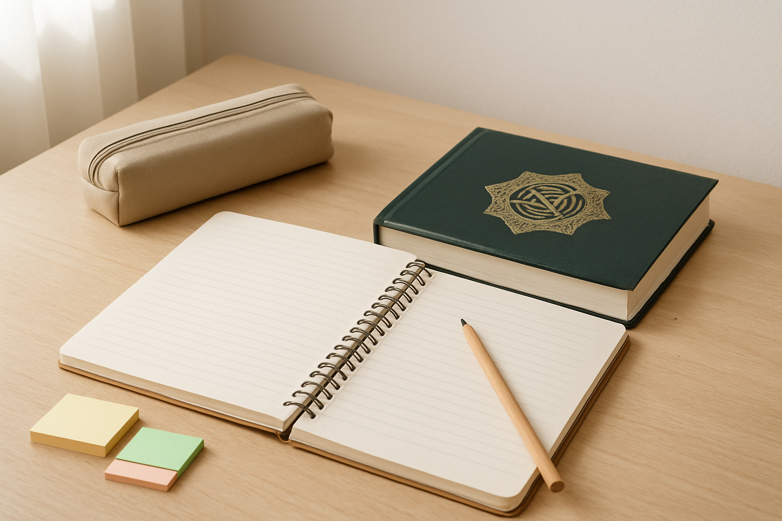 Islamic studies book with notebook and study materials in a clean welcoming learning setting