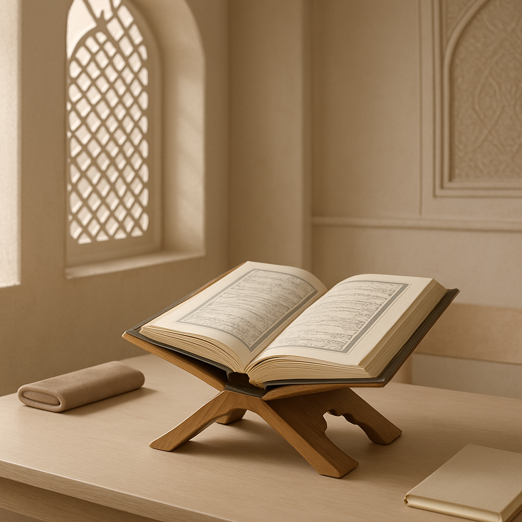 Peaceful Quran study setting with an open Mushaf on a wooden stand, soft daylight, prayer beads, and a calm organized learning desk