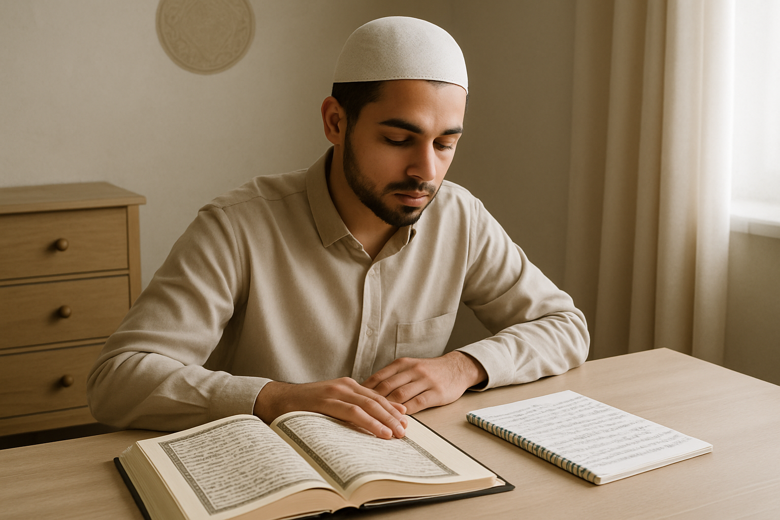 Student studying and memorizing the Quran in a calm focused environment