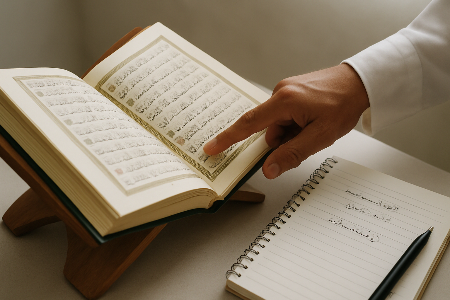 Close study setting focused on Quran recitation practice with attentive correction cues in a realistic Islamic learning atmosphere