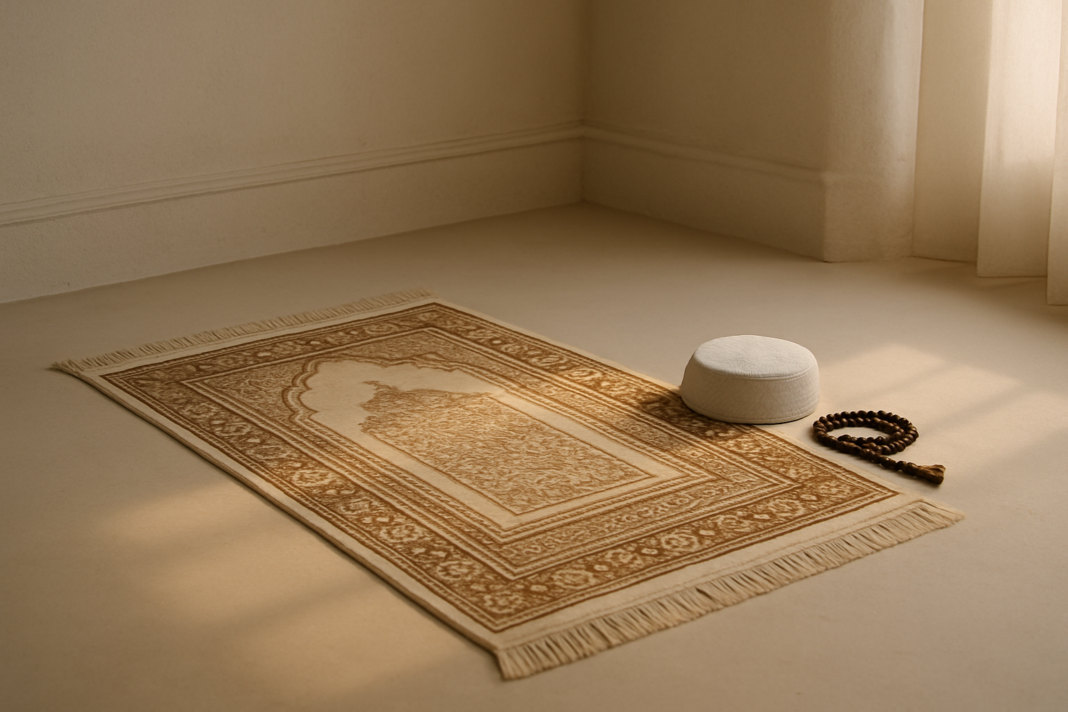 Peaceful prayer setting with a prayer mat in an elegant serene environment