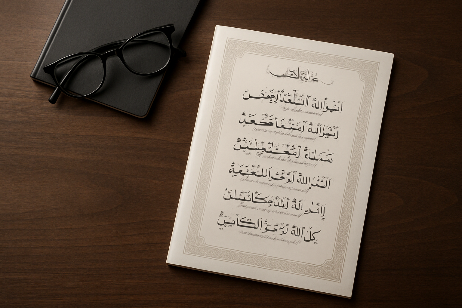 Islamic learning book or Kalimas page presented in a tasteful study setup