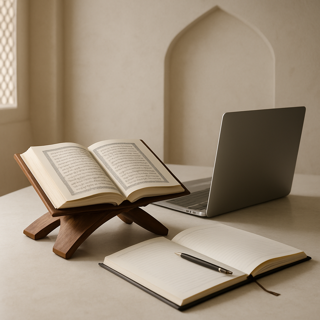 A calm online Quran lesson with an open Mushaf on a wooden stand beside a laptop and notebook in soft natural light