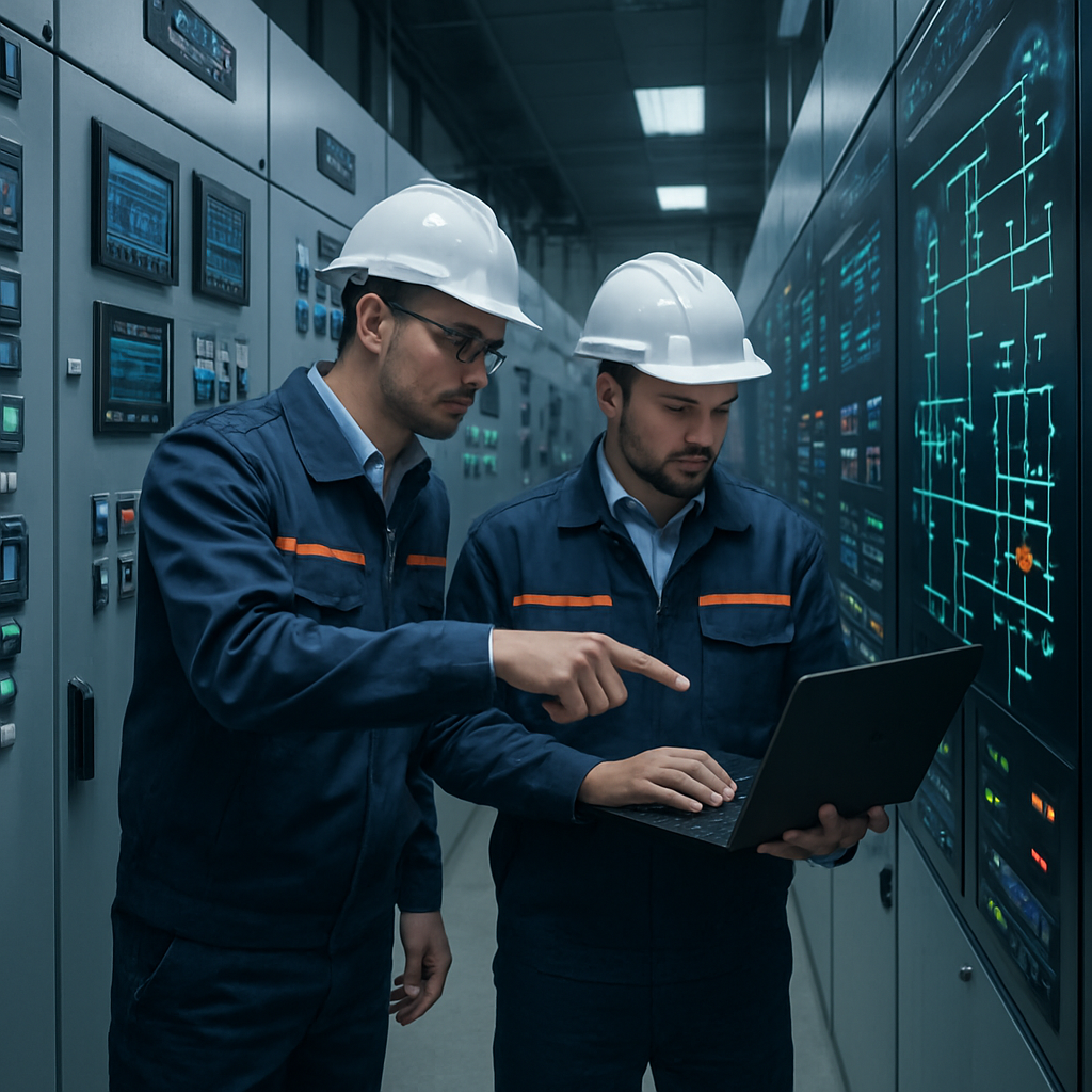 Técnicos revisando sistemas eléctricos avanzados en una sala de control industrial, ambiente de alta tecnología