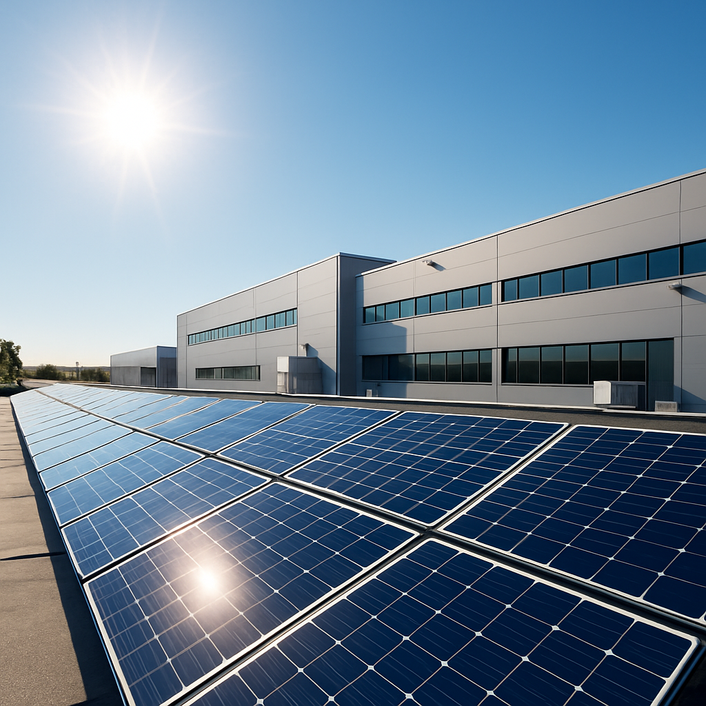 Paneles solares iluminados por el sol en una planta industrial moderna, cielo despejado y entorno limpio, eficiencia energética