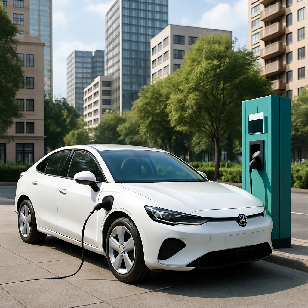 Vehículo eléctrico moderno cargando en una estación urbana, fondo con edificios y vegetación, movilidad sostenible