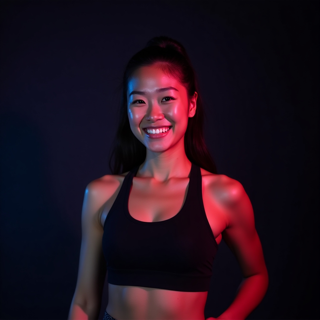 Fit Asian woman in sportswear, smiling confidently