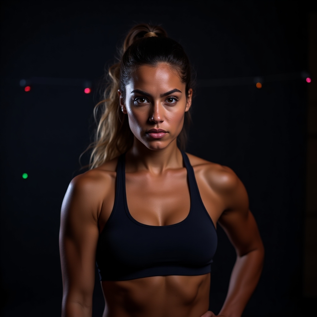 Strong Latina athlete with a determined look, wearing gym clothes