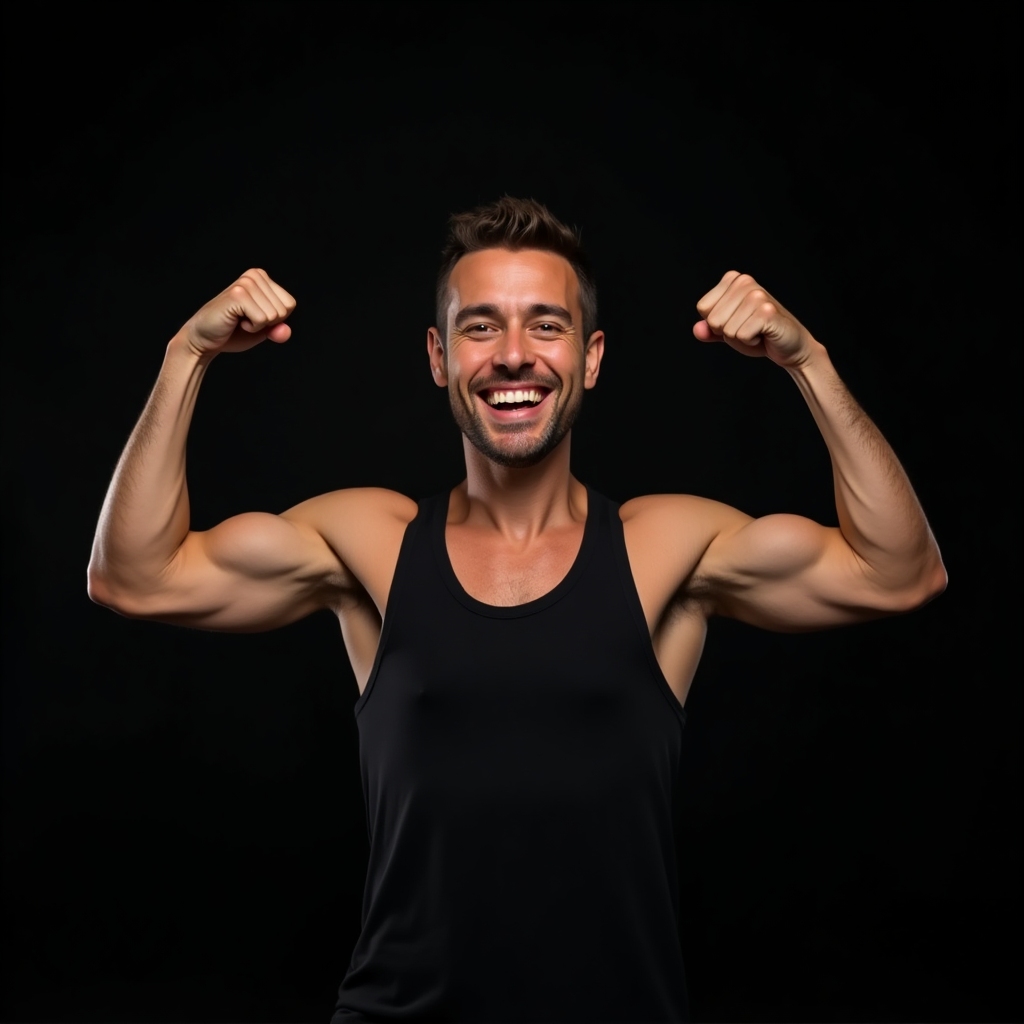 Happy white man in tank top, flexing biceps