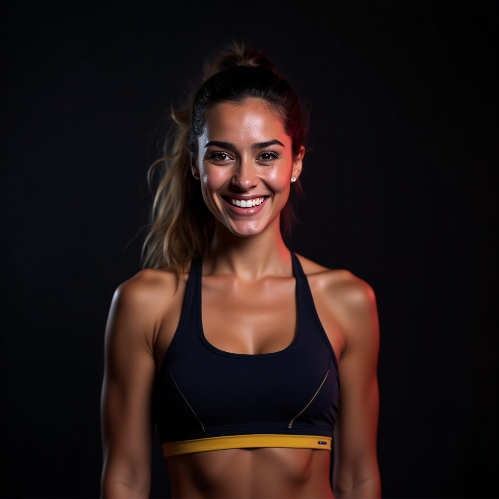 Confident Middle Eastern woman in workout gear, smiling