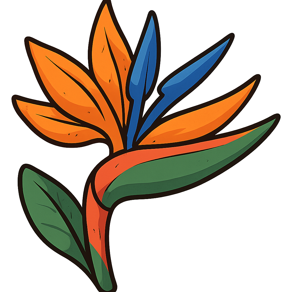 Lively animated-style bird of paradise flower, bold orange and blue, playful cartoon look, distinctly Hawaiian