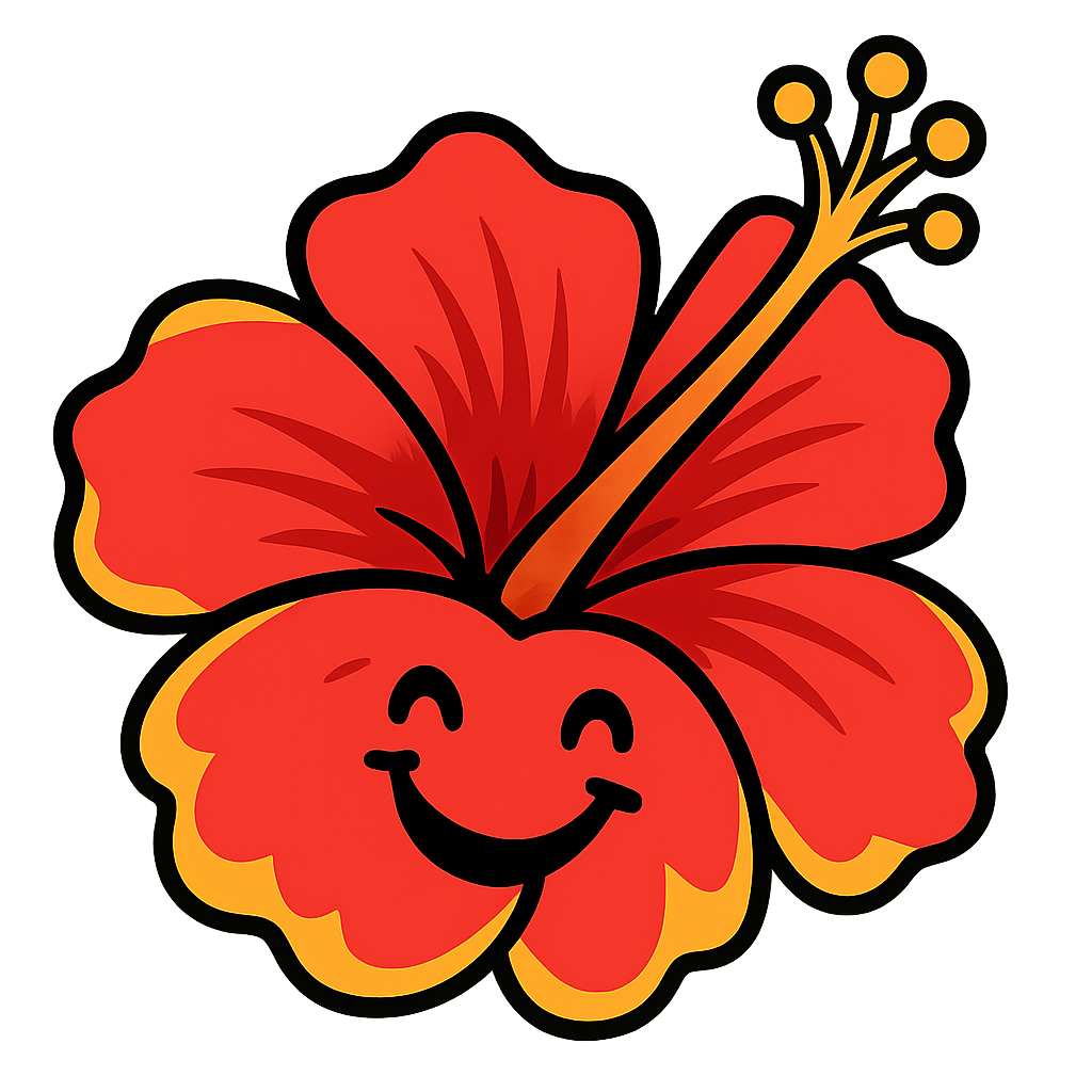Playful animated-style red and yellow Hawaiian hibiscus flower with cartoonish lines, smiling and vibrant