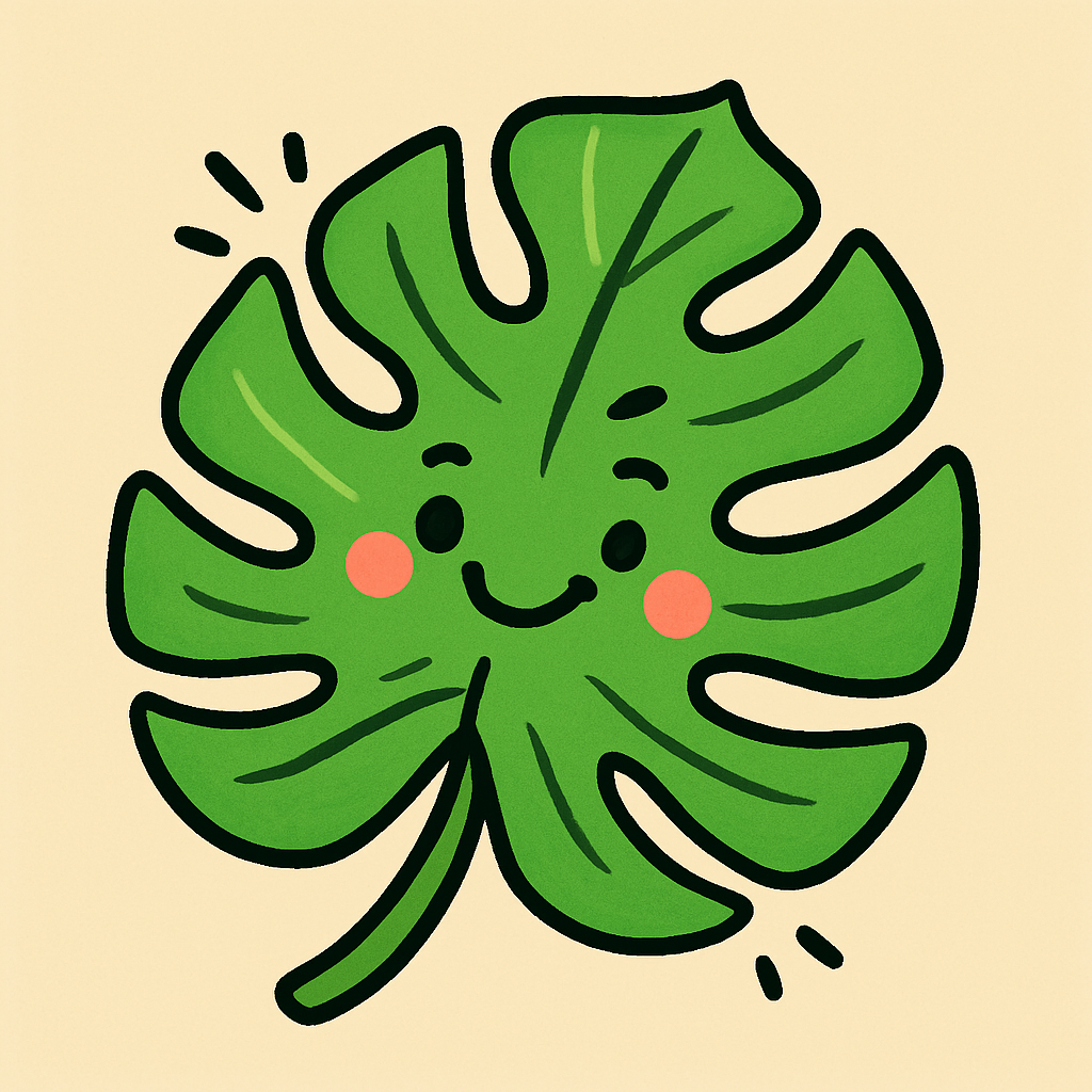 Animated illustration of a smiling green monstera leaf, bold cartoon lines, fresh and tropical, playful vibe