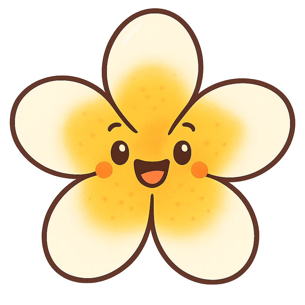 Animated illustration of a cheerful white and yellow plumeria flower, soft petals, cartoon style, colorful and inviting