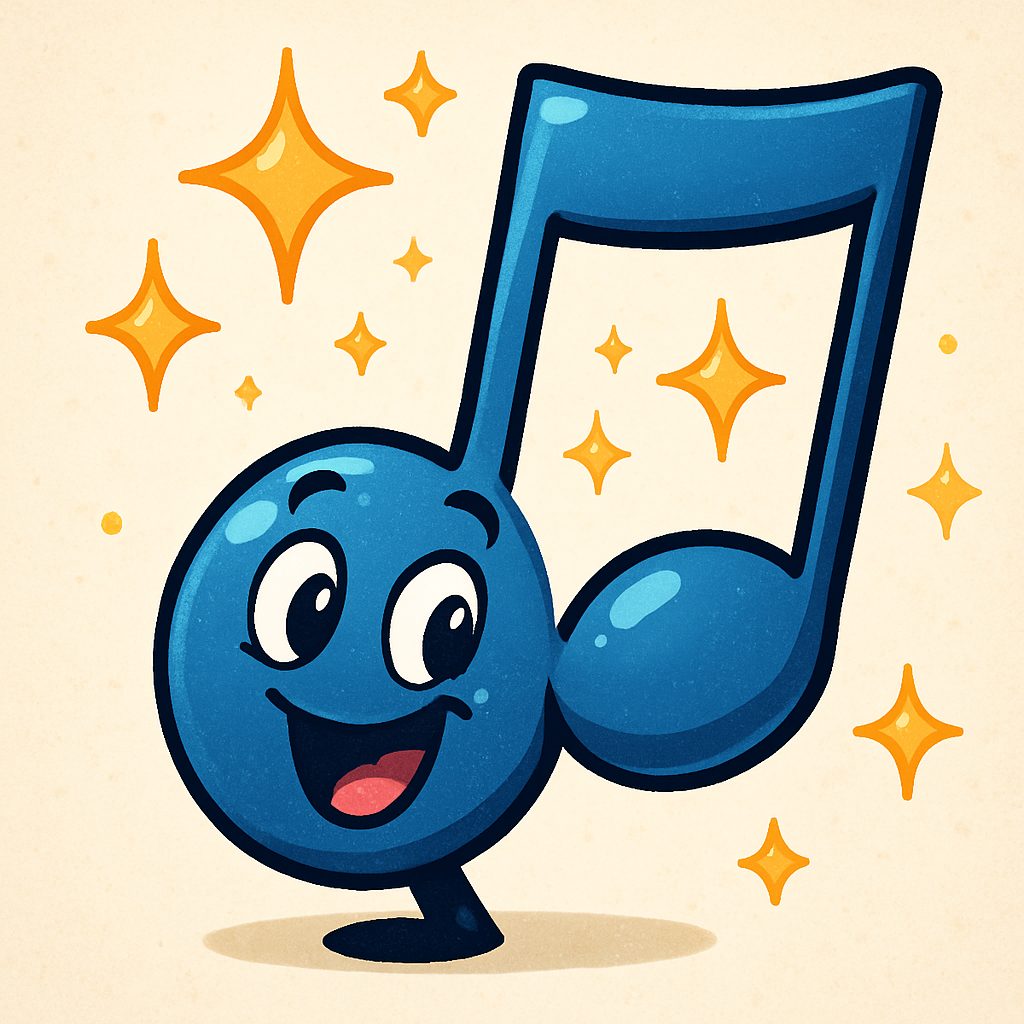 Animated cartoon musical note with sparkling accents, vibrant and cheerful, playful style