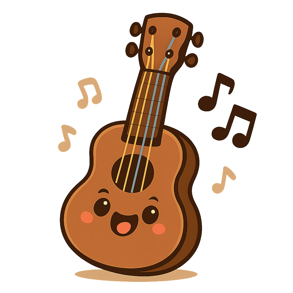 Animated cartoon ukulele icon, brown body with colorful strings, smiling, fun and musical, friendly style