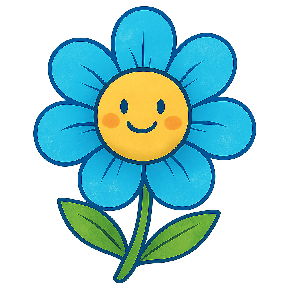 Animated illustration of a vibrant blue and yellow tropical flower with a friendly smiling face, cartoon style, fits with ukulele testimonial theme