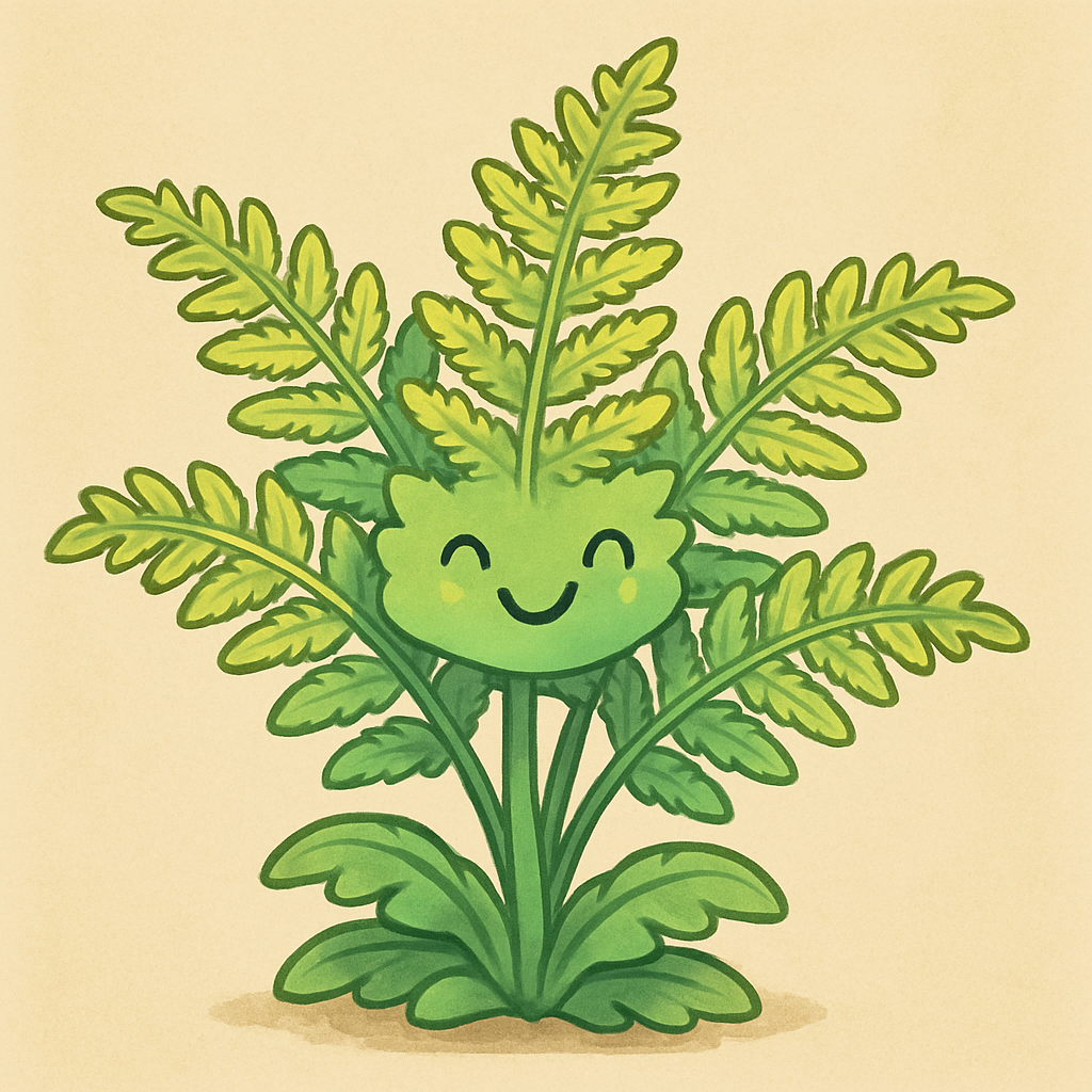 Animated cartoon-style tropical fern with a gentle smile, soft green with yellow highlights, friendly and fresh to match ukulele learning vibe
