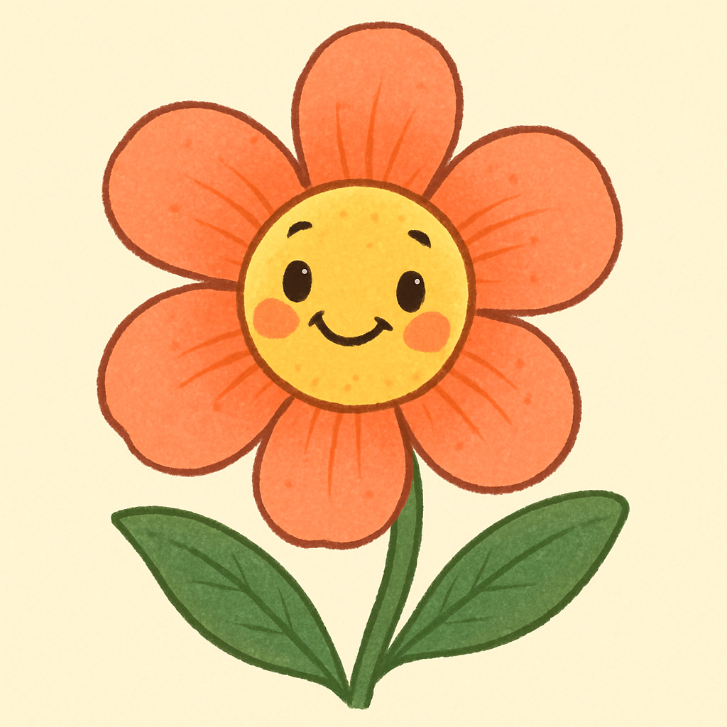 Animated cartoon-style tropical flower in soft coral and yellow, smiling and approachable, fits the ukulele testimonials style