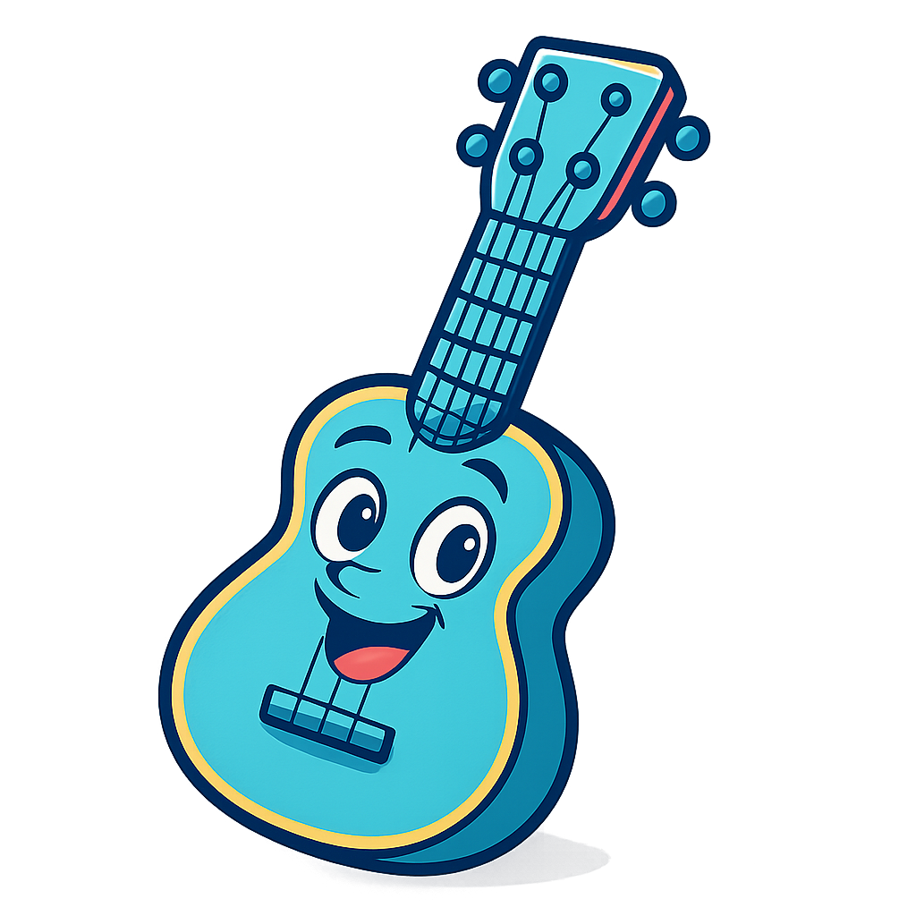 Animated cartoon ukulele with blue and yellow accents, cheerful face, friendly modern style, fits with ukulele testimonial theme