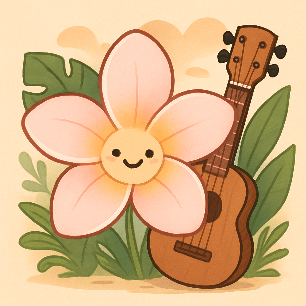 Animated illustration of a gentle pink frangipani flower with a smiling face, cartoon style, soft and inviting, fits with tropical ukulele theme