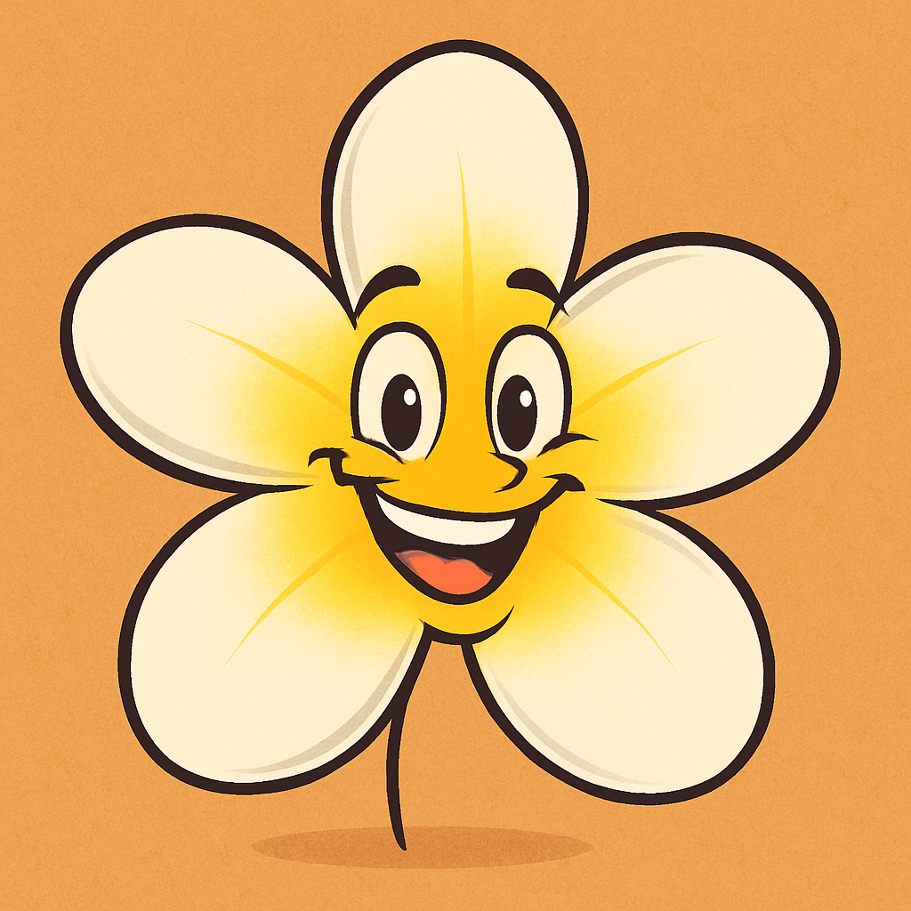 Animated cartoon-style plumeria flower, white and yellow with a beaming smile, friendly and modern, fits ukulele testimonial style