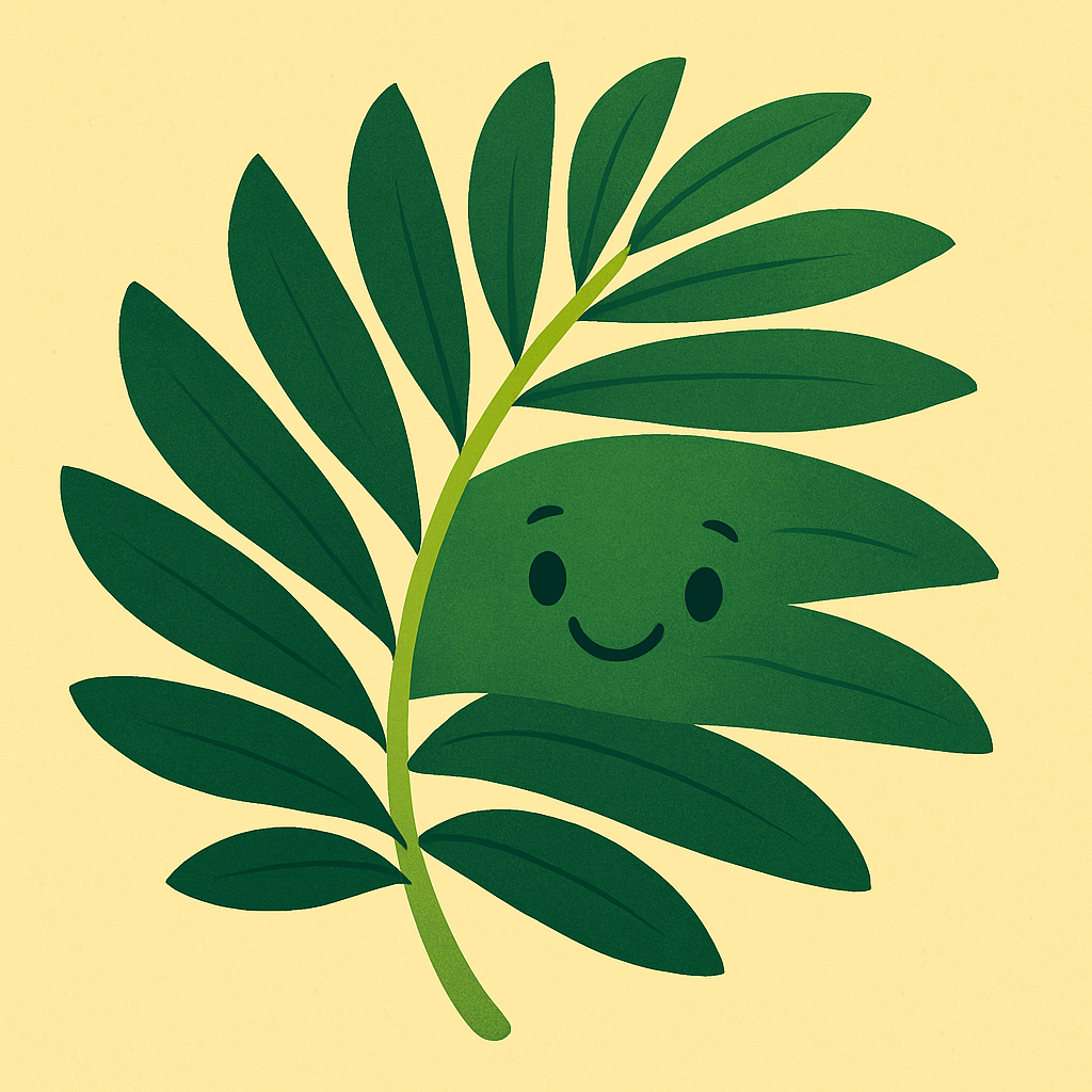 Animated cartoon palm frond with gentle smiling face, deep green and soft yellow, fresh, modern, and fits ukulele student testimonial design