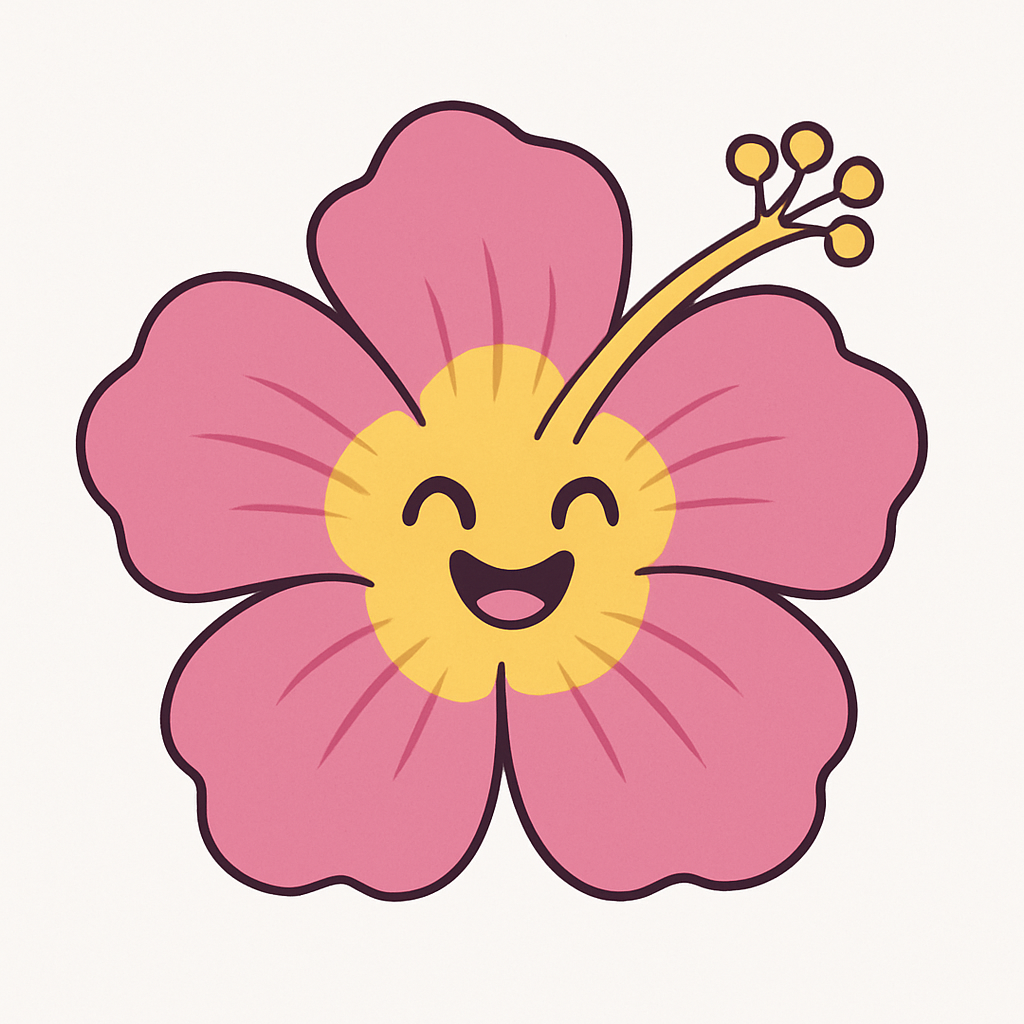 Animated hibiscus flower in soft magenta and yellow, open petals, smiling cartoon face, companion to Stephanie's first testimonial image, welcoming and modern