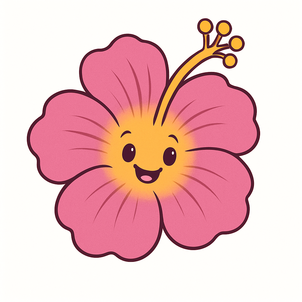 Animated hibiscus flower in soft magenta and yellow, smiling, friendly cartoon style, fits ukulele testimonial theme