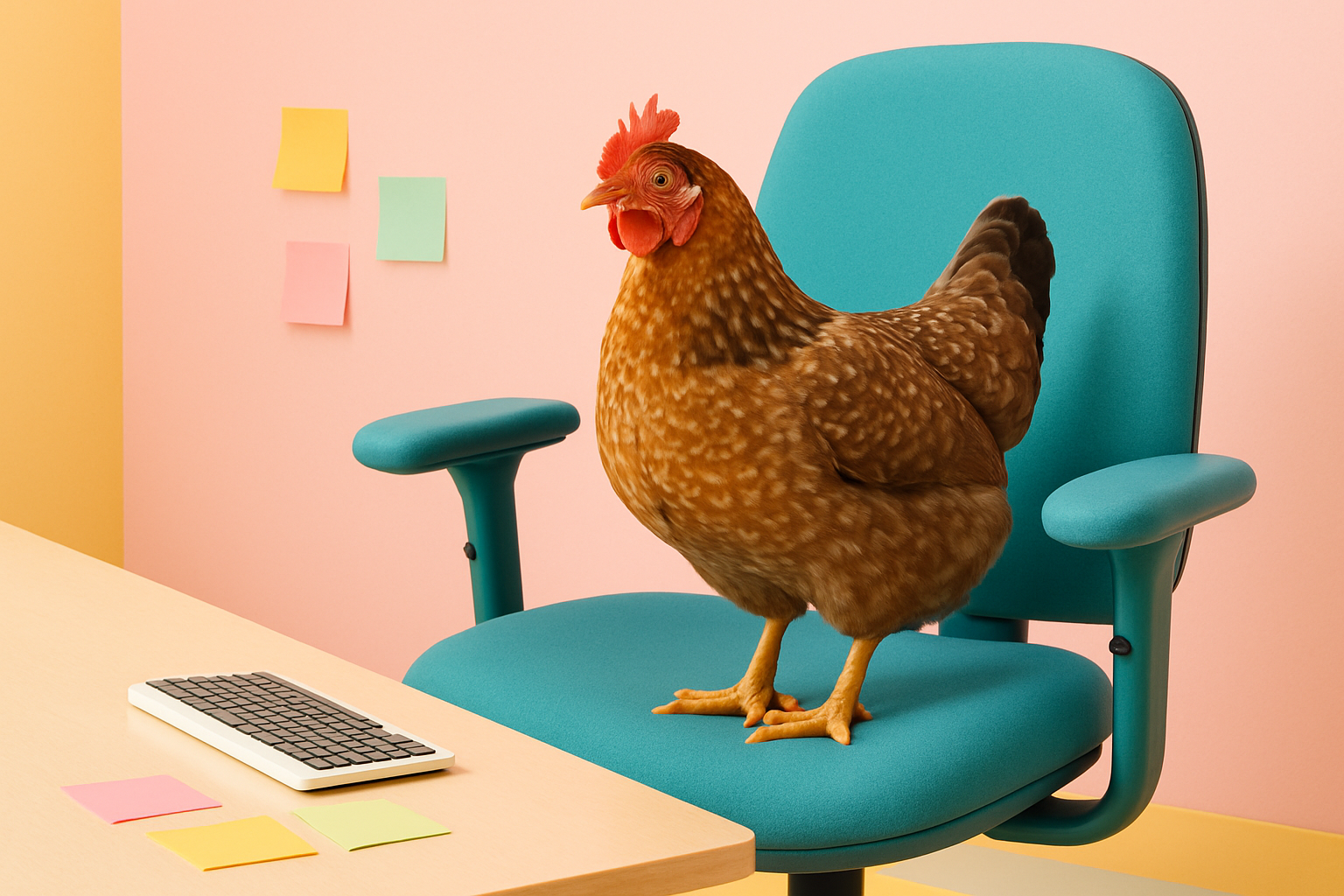 A speckled brown chicken perched on a teal ergonomic office chair with tiny keyboard and sticky notes nearby.