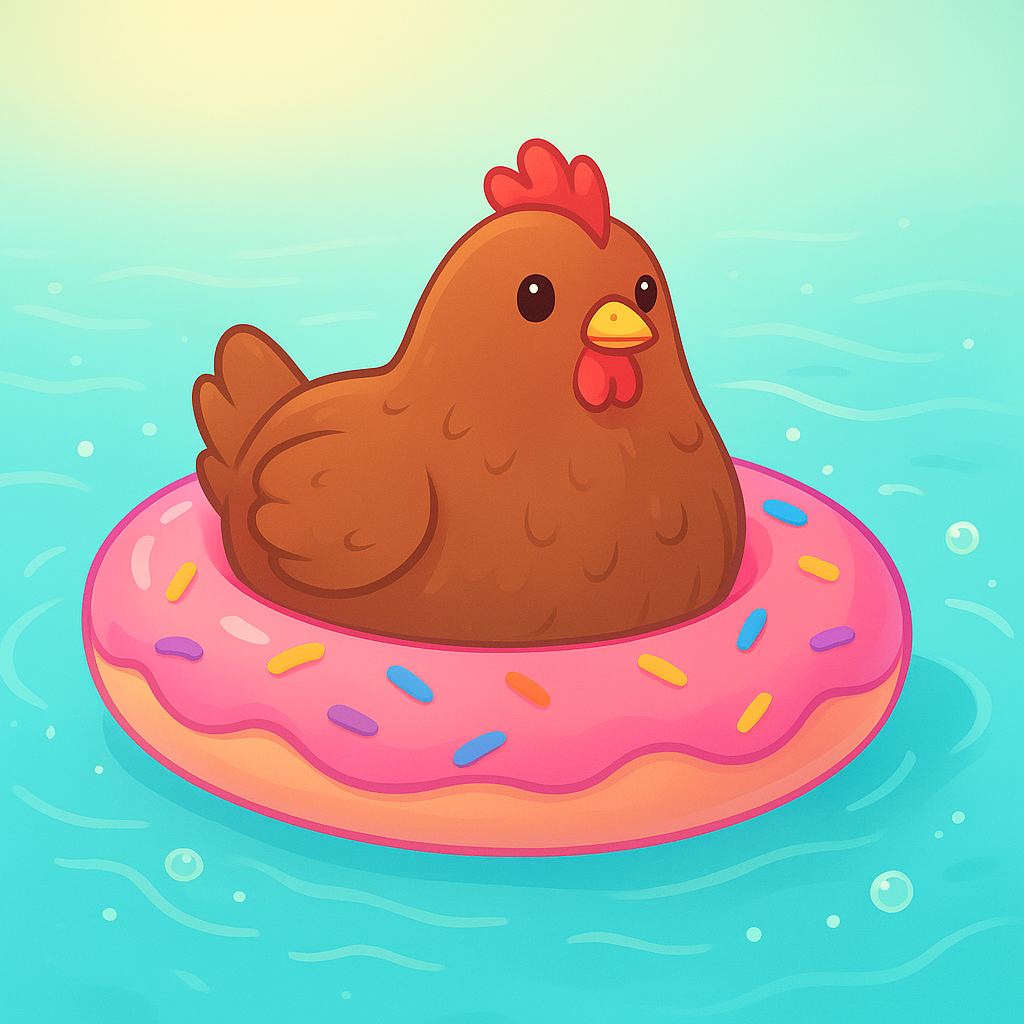 Round brown chicken floating in a turquoise pool on a pink donut float with bubbles