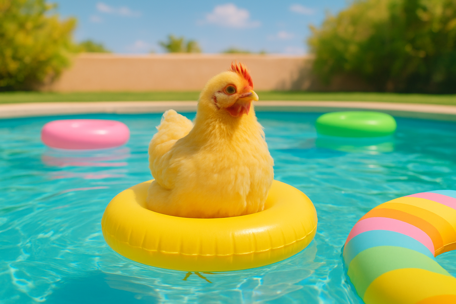 A fluffy yellow chicken floating on a bright inflatable ring in a turquoise backyard swimming pool with colorful floaties.