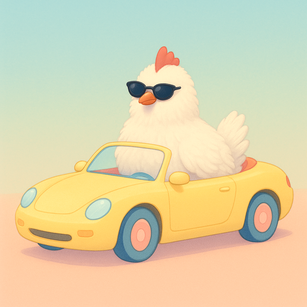 Fluffy white chicken wearing tiny sunglasses sitting confidently in a pastel yellow sports car