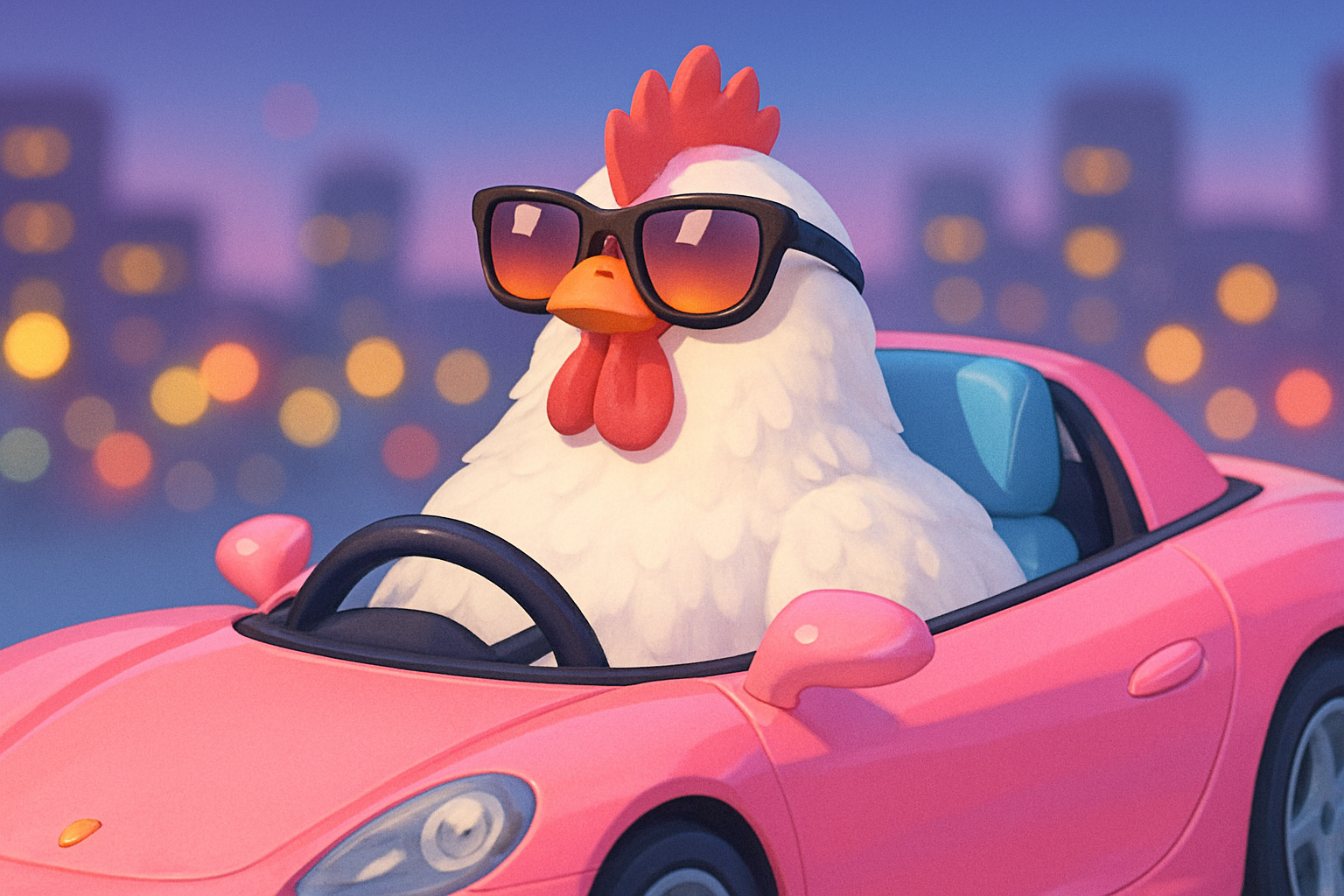 A plump white chicken wearing retro sunglasses sitting in a glossy pastel pink sports car, city lights blurred behind.