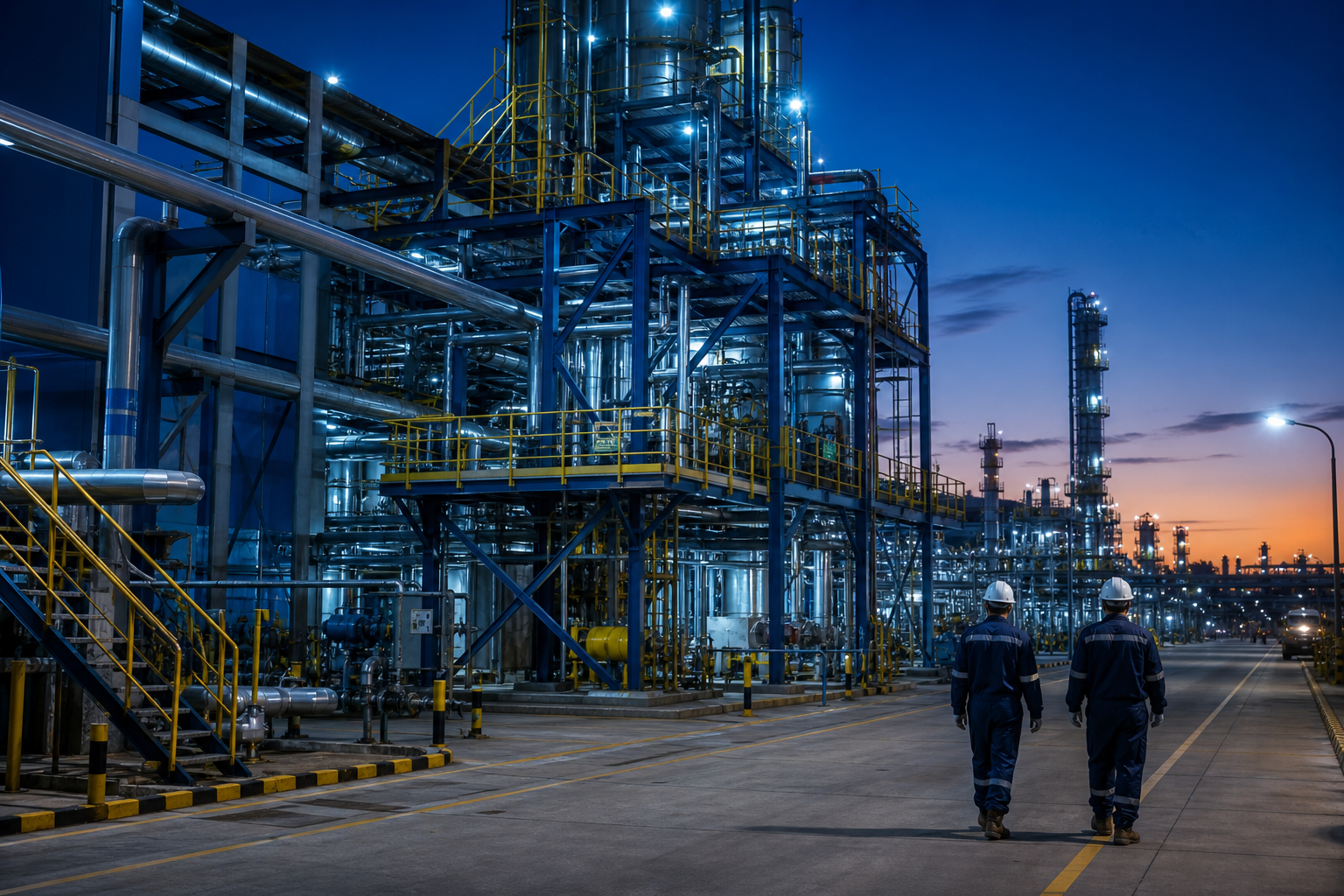 Wide-angle view of a modern industrial facility with steel structures, pipelines, and blue safety lighting at dusk