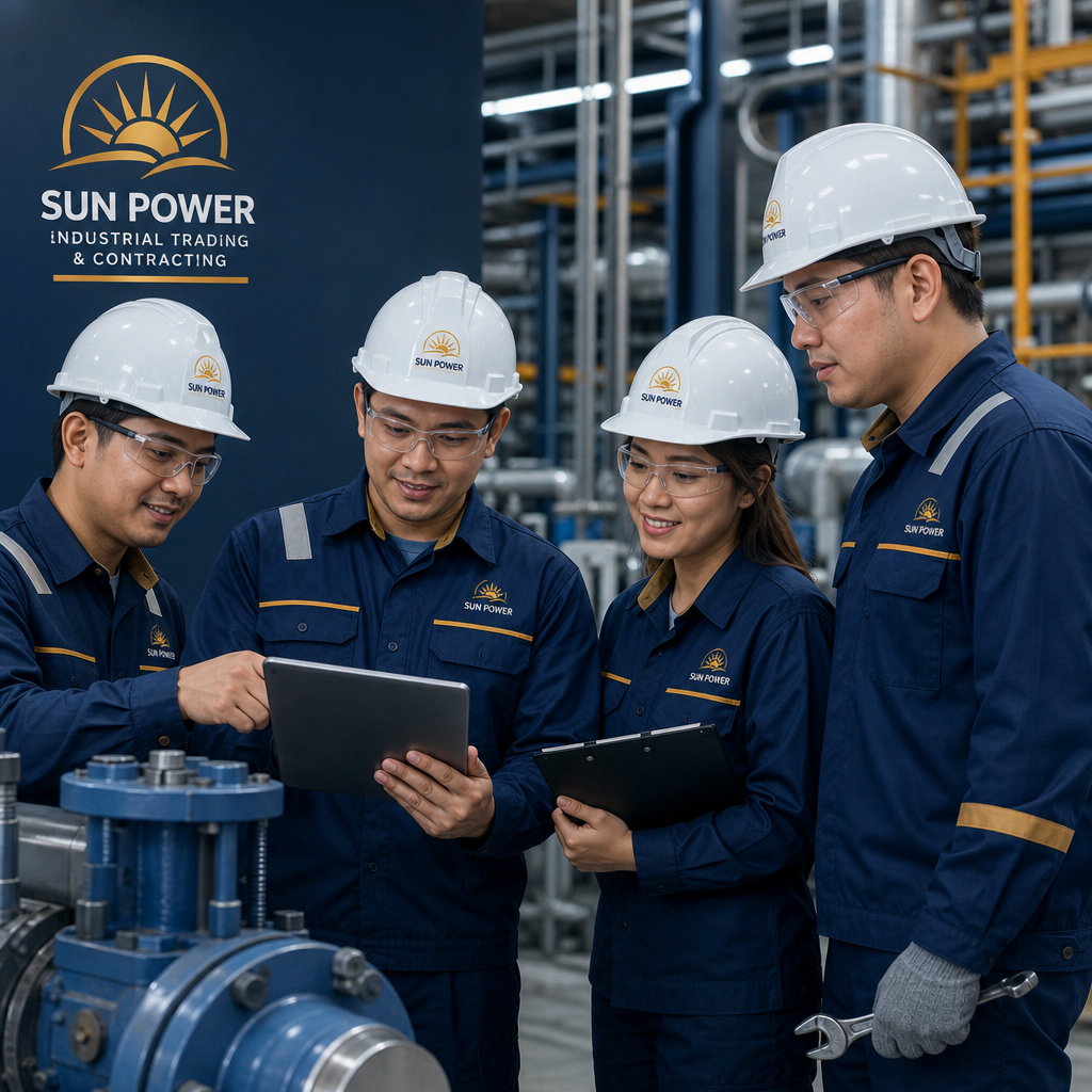 Experienced industrial maintenance team in navy coveralls and safety helmets reviewing equipment in a clean, well-lit plant