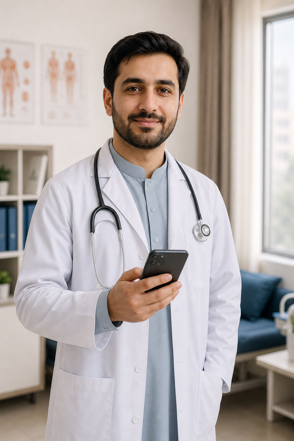 Professional and compassionate doctor holding a mobile device in a calm clinic setting