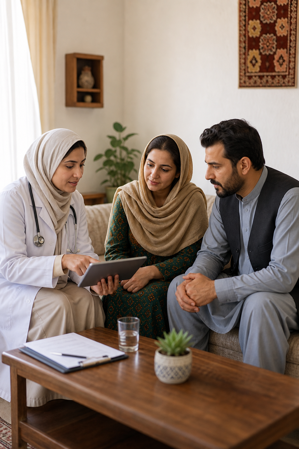 Compassionate doctor providing home-care consultation to an Afghan family in a modest living room