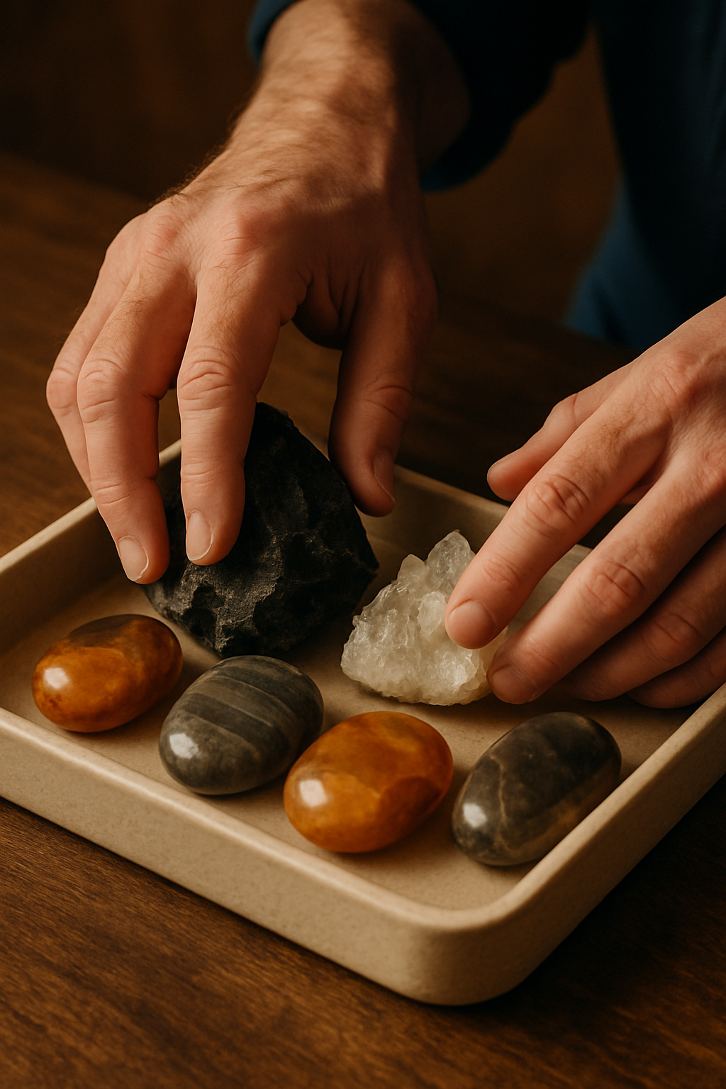 Close-up hands inspecting a mixed tray of raw minerals and polished stones under warm studio light