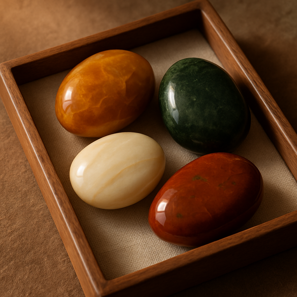Smaller framed polished stone assortment showing smooth finishes and rich earthy tones