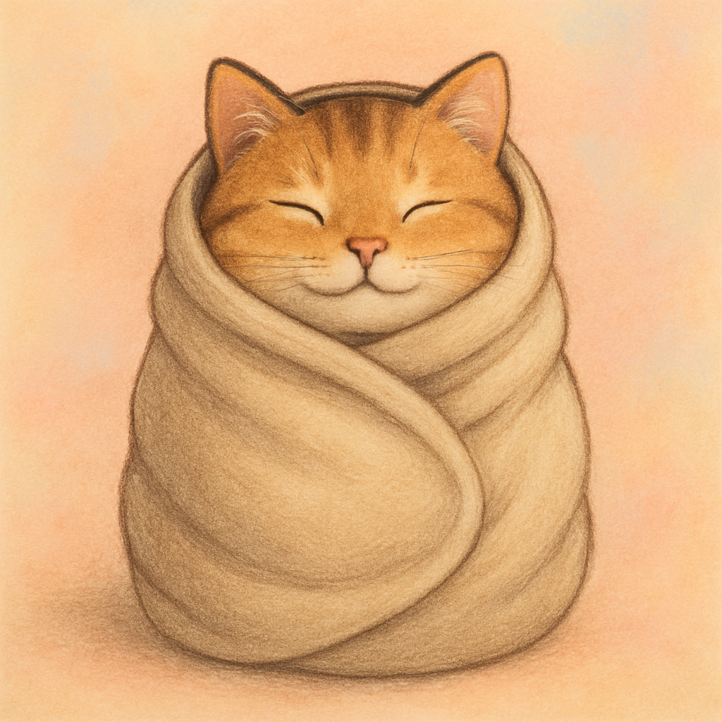 Cat wrapped like a burrito in a blanket, looking cozy.