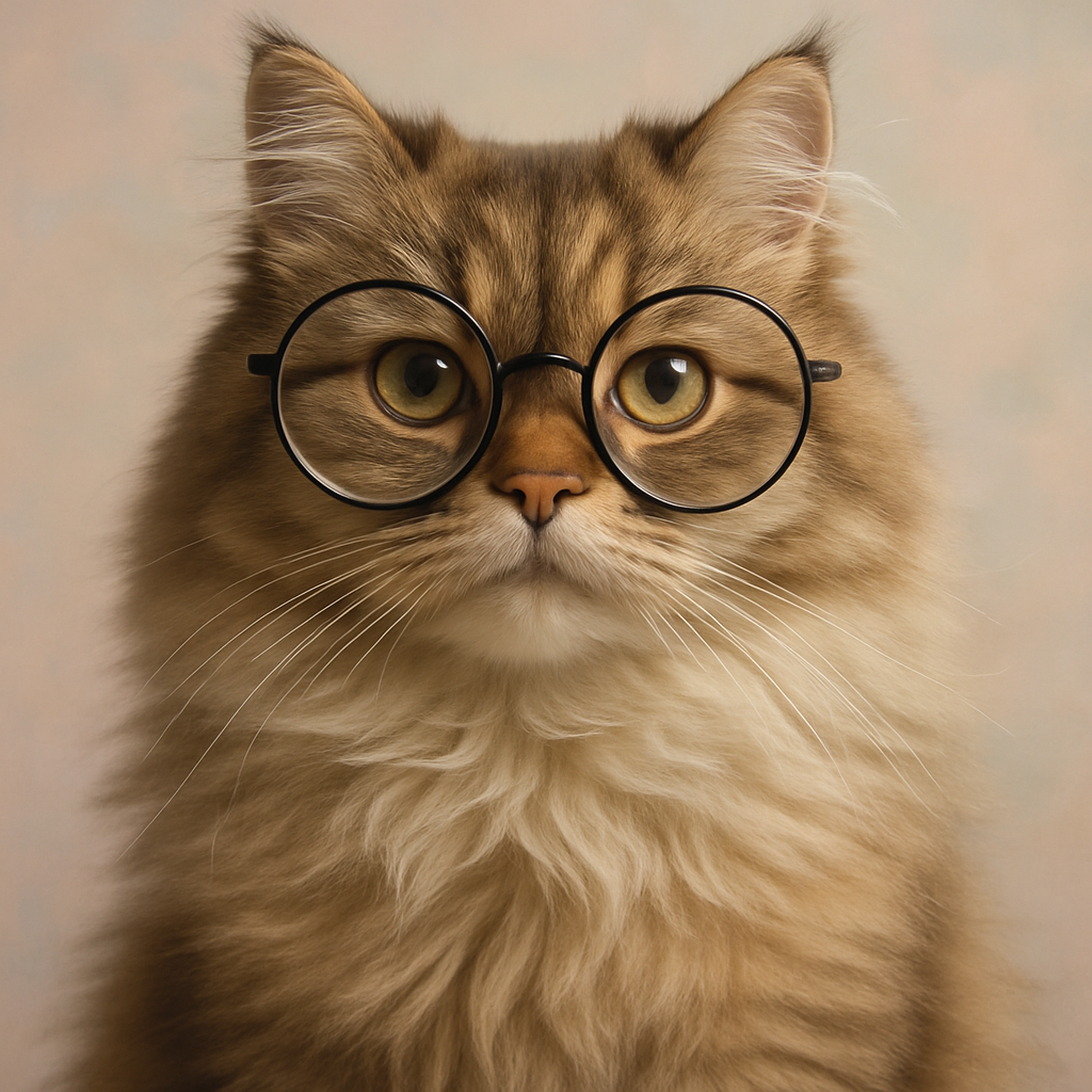 Cat wearing large round glasses, looking intellectual.