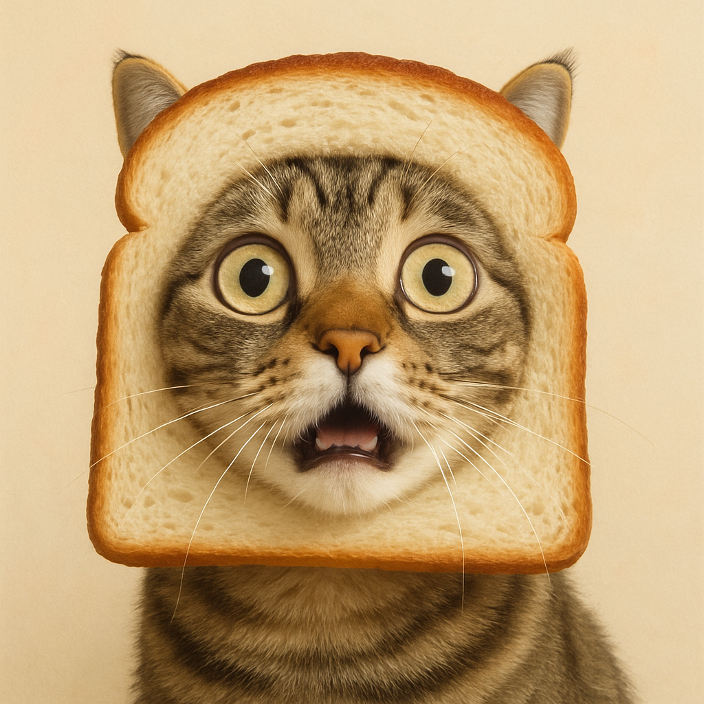 Cat with a slice of bread around its face, looking surprised.