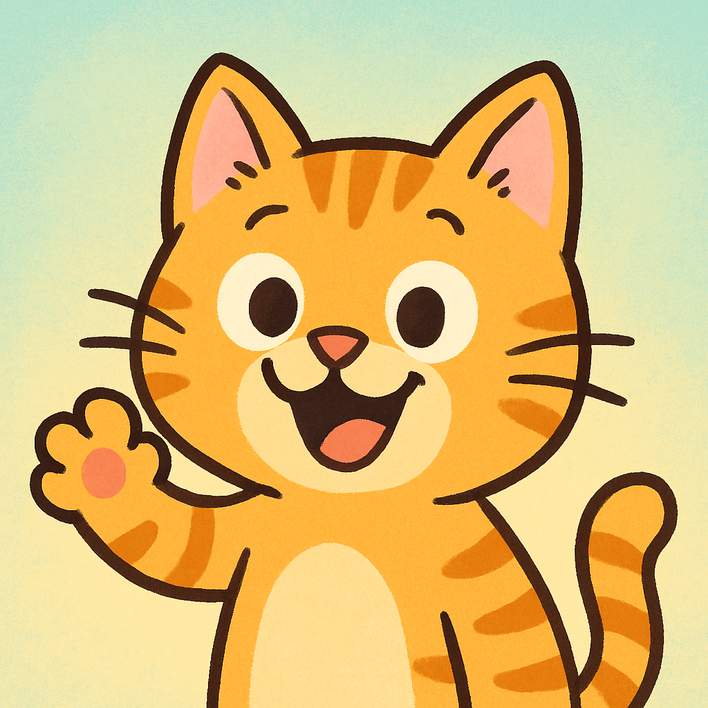 Cartoon-style funny cat smiling and waving a paw