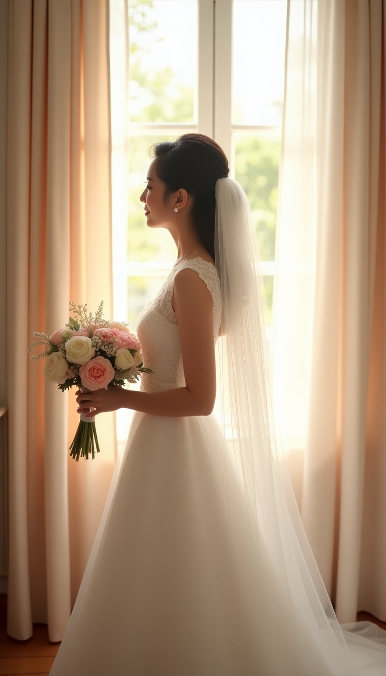 Bride in soft light by window, holding bouquet, dreamy pastel tones