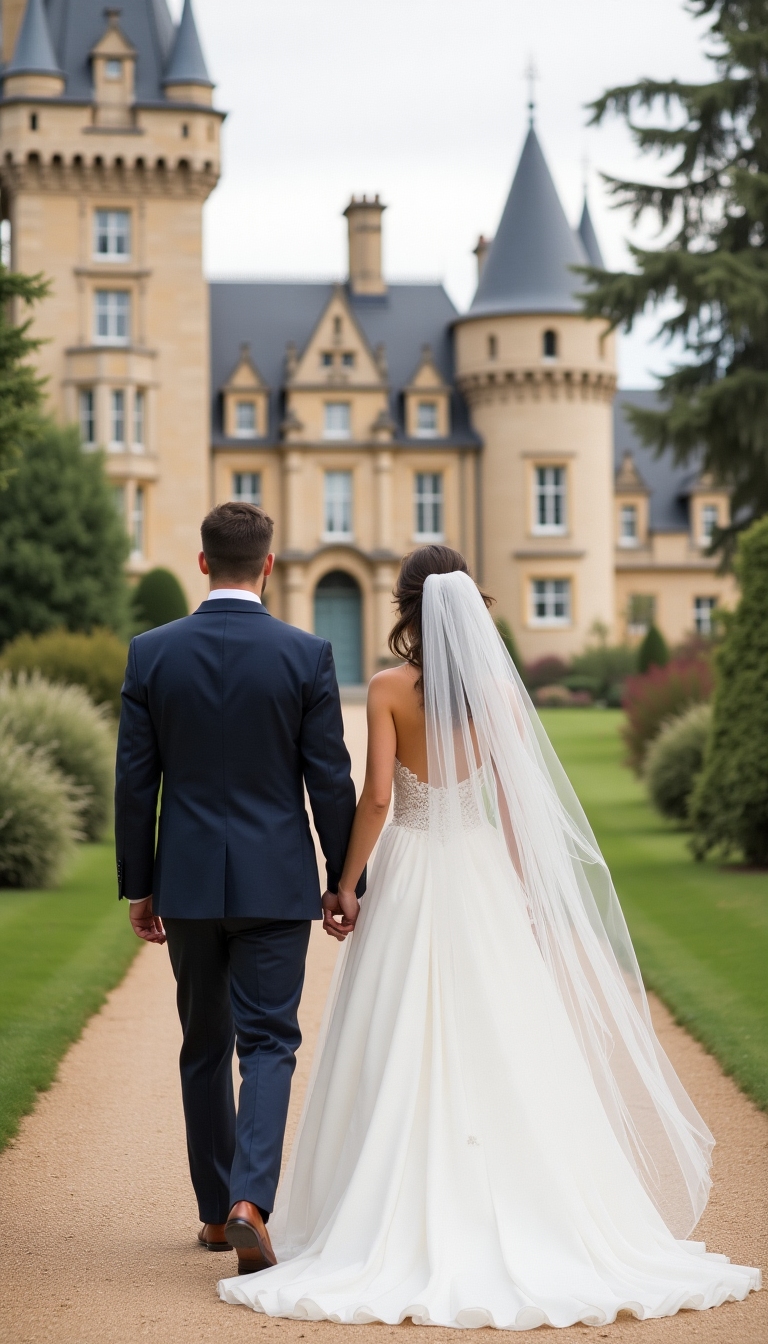 Bride and groom walking at a castle, flowing veil, elegant composition, pastel colors