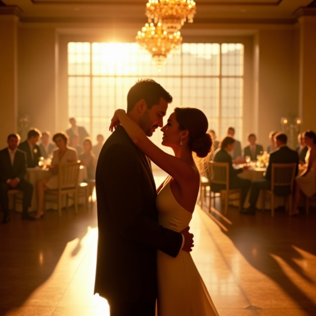 First dance, airy ballroom, golden hour light, romantic and ethereal