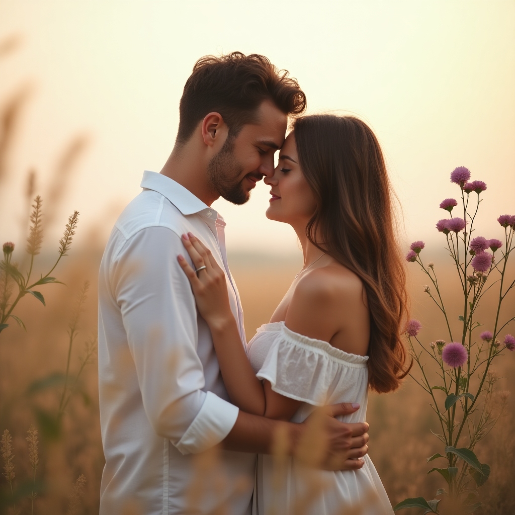 Couple in embrace, surrounded by wildflowers, pastel palette, romantic scene