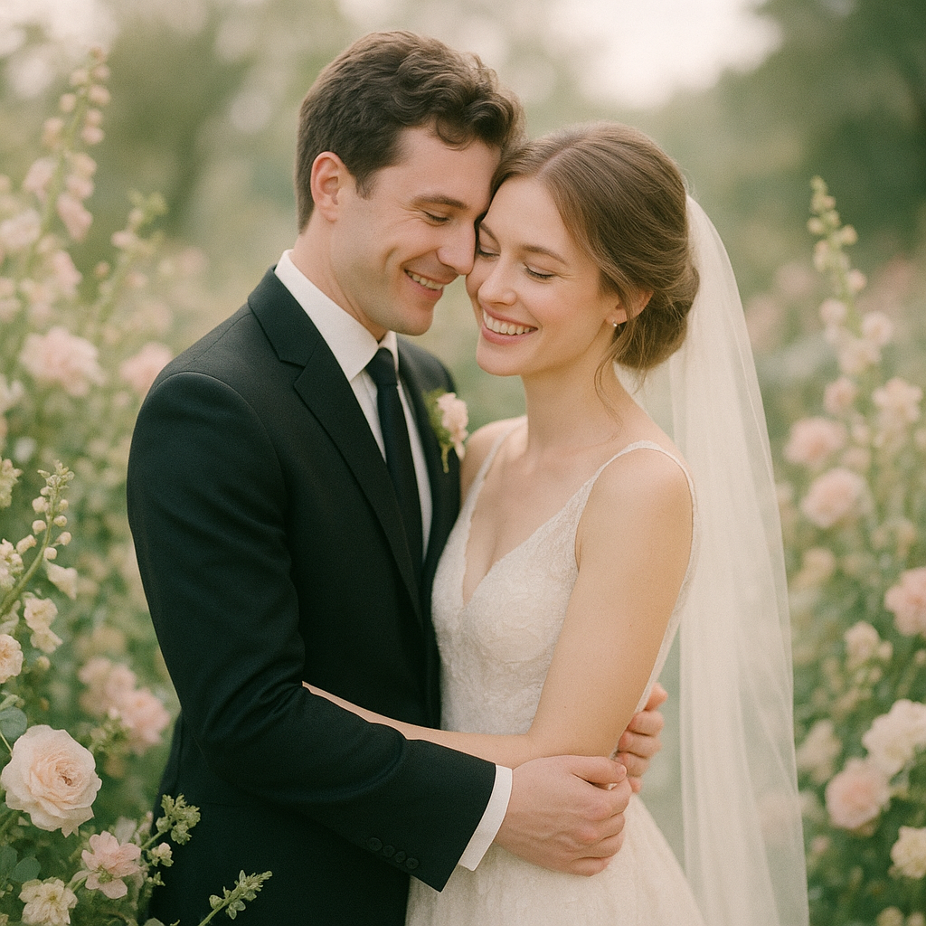 Smiling couple embracing on their wedding day, outdoors, surrounded by soft pastel florals